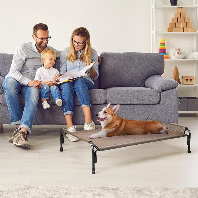 Veehoo Outdoor Elevated Dog Bed, Raised Dog Cot for Small Medium Dogs, Cooling Washable Waterproof Pet Hammock Beds with Slope Headrest, Breathable Mesh and Sturdy Frame, M, Brown, CWC2204