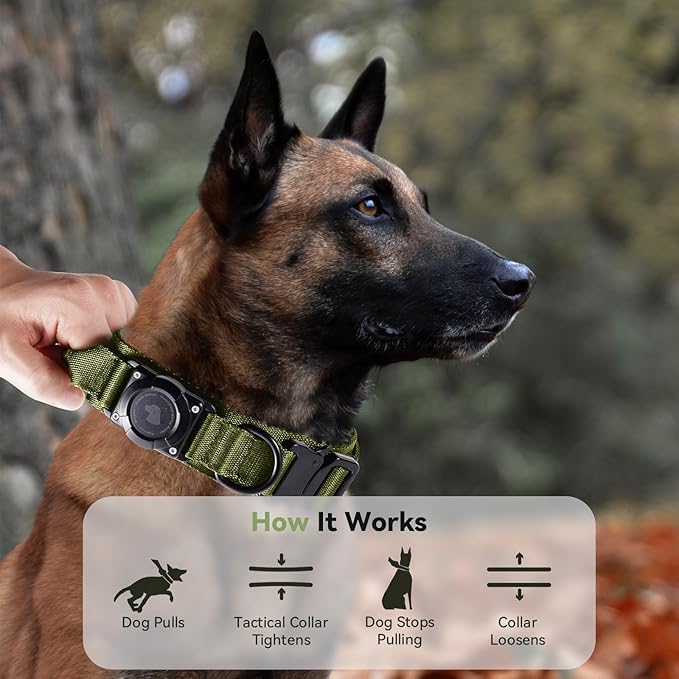 2025 Upgrade Waterproof AirTag Dog Collar, Military Tactical Dog Collar with AirTag Holder, Comfortable Control Handle and Metal Buckle, GPS Dog Collar Holder for Medium to Large Dogs (ArmyGreen, XL)