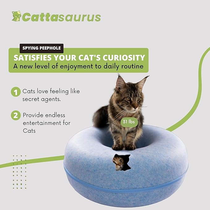 Cattasaurus Peekaboo Cat Cave Donut for Multiple & Large Cats up to 30-45 lbs, 3-in-1 Self Warming Cat Bed, Tunnel & Scratcher for Indoor Cats, Washable & Detachable Small Dog Bed (Blue, Jumbo)