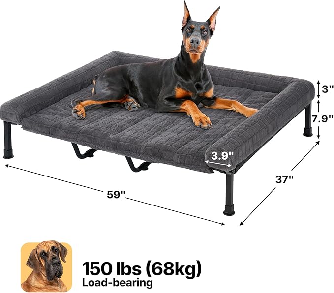 Veehoo Elevated Dog Bed Large Sized with Fluffy Plush Bolster Cushion, Washable Orthopedic Dog Couch Bed, Cooling Raised Pet Cot with Removable Mat, Breathable Mesh, No-Slip Feet, 59 x 37 inches, Grey