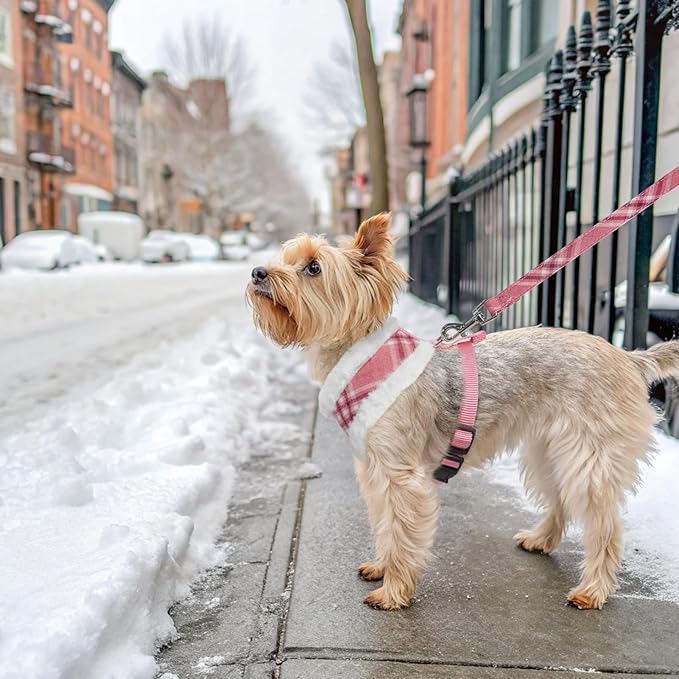 SCENEREAL Small Dog Harness Collar and Leash Set, Mesh Plush No Pull Puppy Vest Harness, Warm Fleece No Chock Step in Small Pet Halter for Outdoor Walking Training, Pink Plaid S