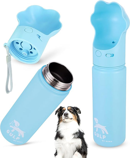 Gulp by Duna 18oz Dog Travel Water Bottle with Paw-Shaped Bowl – Insulated Stainless Steel, Leakproof & Portable with Carry Strap – Outdoor Walking, Hiking & Pet Hydration On-The-Go – Blue