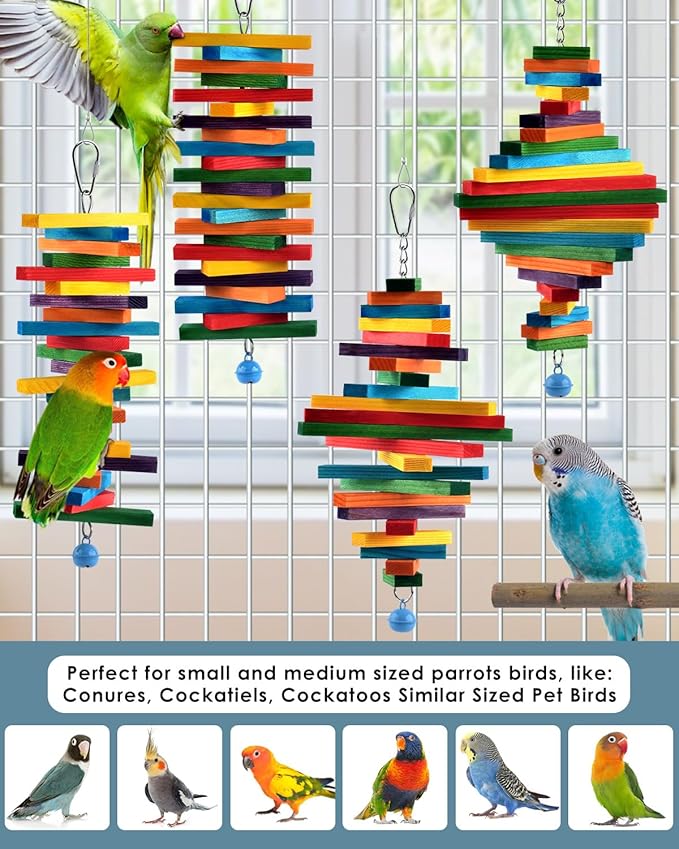 Bissap 4 PCS Bird Chew Toys, Multicolored Bagel Cascade Bird Parrot Chewing Sticks Biting Wooden Blocks Toy for Small Medium Conure Parakeet Cockatiels Lovebird Similar Sized Pet Birds