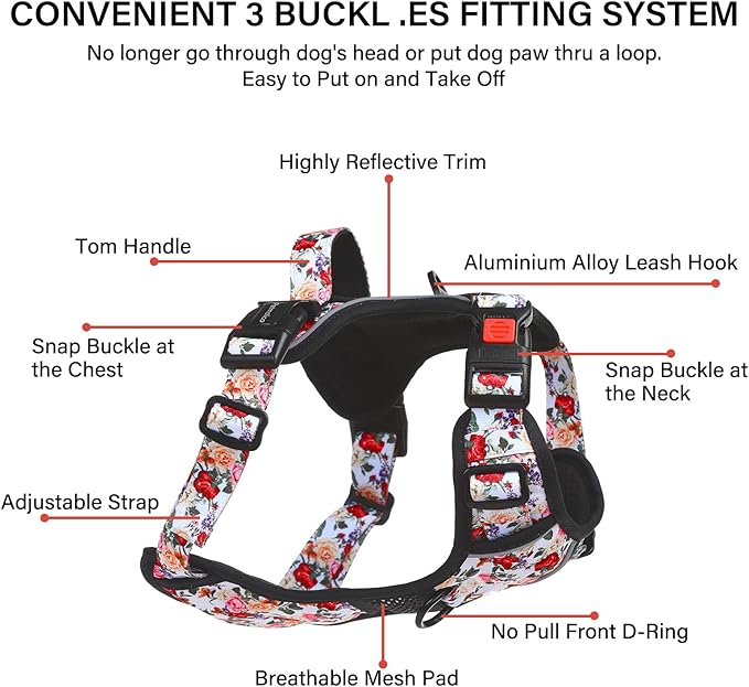 Petmolico No Pull Dog Harness Set with Leash Attachment Easy Control Handle Reflective Harness Vest Small Breed, Puppy Vest and Leash Set with Poop Bag Holder, Medium - White Rose