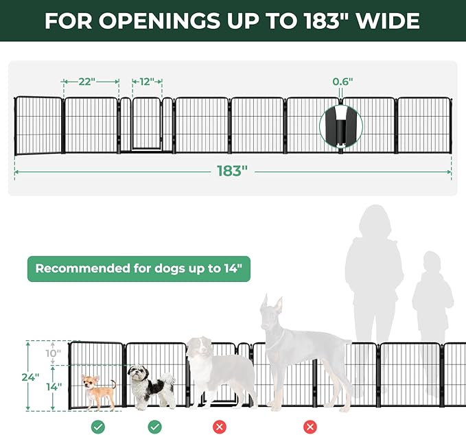 FXW Dog Gate Extra Wide Designed for Indoor Use, Adjustable Width Up to 183-inch Wide (24" H 8 Wire Panels for Puppies and Small Dogs), Black
