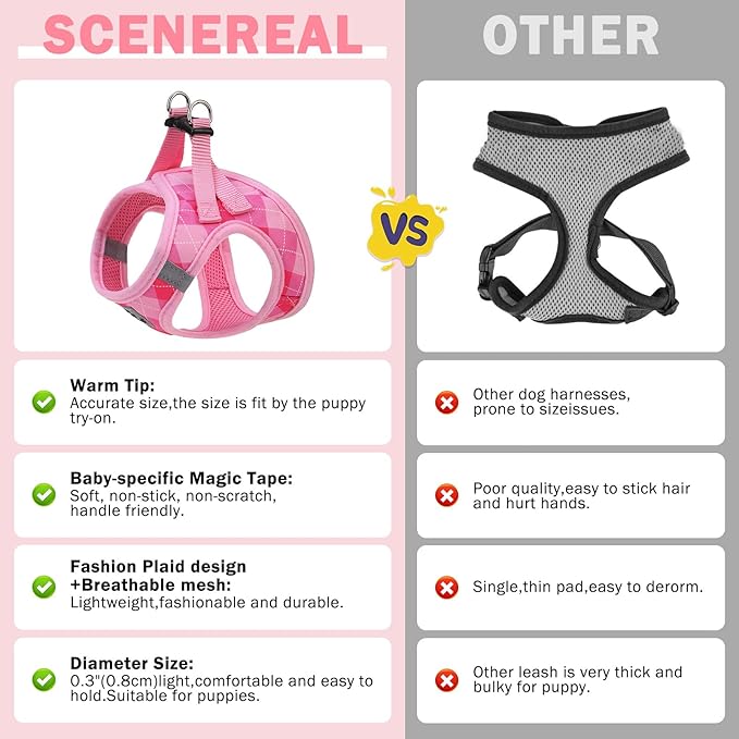 SCENEREAL Small Dog Harness and Leash Collar Set, Step in No Pull Soft Mesh Dog Harnesses for Small Medium Sized Dogs Puppy and Cats Outdoor Walking, No Chock Reflective Vest Harness, Pink Plaid XS