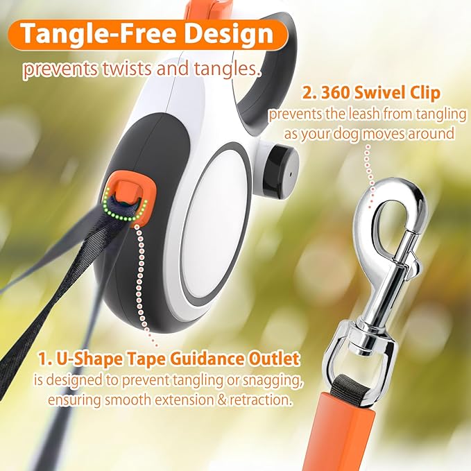 26ft Retractable Dog Leash with Poop Bag Dispenser - Upgraded Lock System, Non-Slip Grip, Tangle-Free Design for Large & Medium Dogs - Perfect for Walking, Running, and Outdoor Training (White)