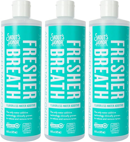 SKOUT'S HONOR Fresher Breath Water Additive for Pets - VOHC Accepted for Tartar Control, Freshens Breath Fast, No Brushing Required: Fresh & Flavorless 16oz - 3 Pack