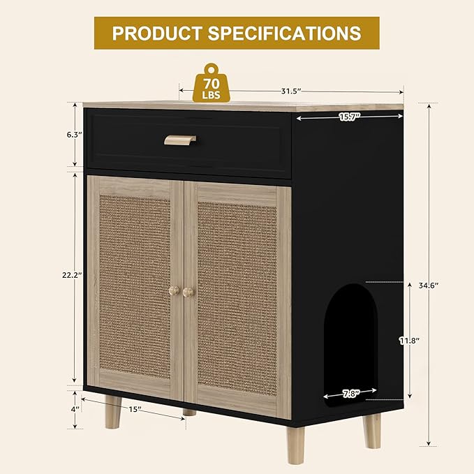 Cat Litter Box Enclosure Furniture Hidden Indoor 2-in-1 Wooden Cat House & Washroom Cabinet with Scratching Board Doors and Drawer, 31.5"x15.7"x34.6"H - Black