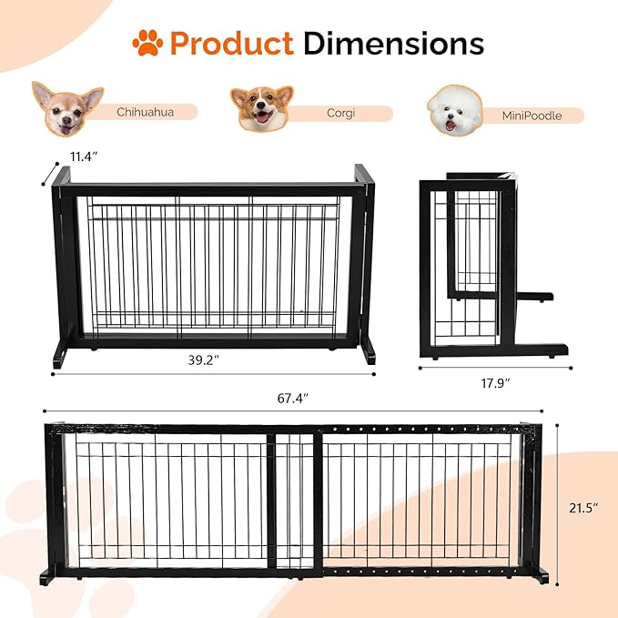 Bonnlo Free Standing Dog Gate, 37" - 68" Wide Pet Gate for Fireplace Stairs Doorways, Wooden Adjustable Pet Fence Indoor, Christmas Tree Gate (Black)