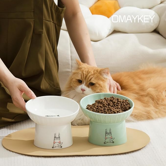 OMAYKEY 6.5 Inch Extra Wide Elevated Cat Bowls, Ceramic Raised Tilted Cat Bowl for Food and Water, Porcelain Pet Feeder Dishes for Cats & Dogs, Whisker Fatigue, White & Green