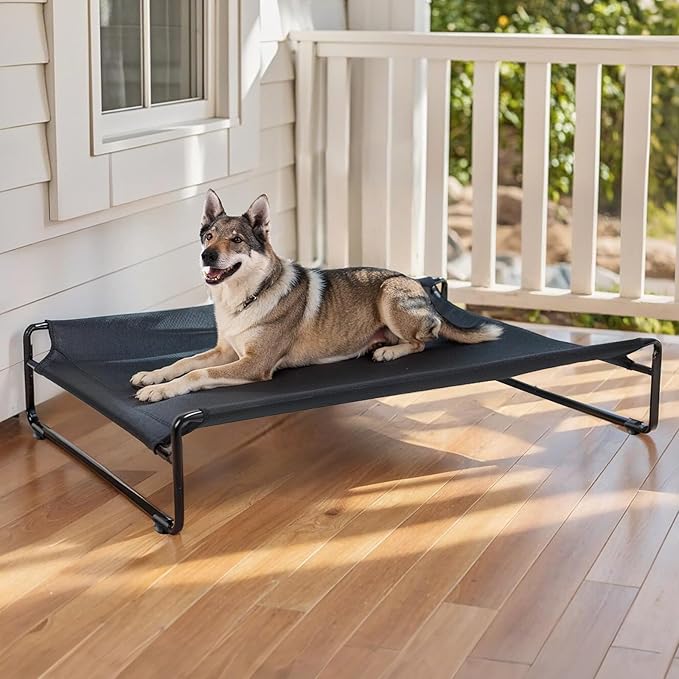 Veehoo Original Outdoor Elevated Dog Bed, Cooling Raised Dog Cot for Large Dogs, Portable Standing Pet Hammock Platform with Washable Breathable Mesh, No-Slip Feet, X-Large, Black, CWC2201