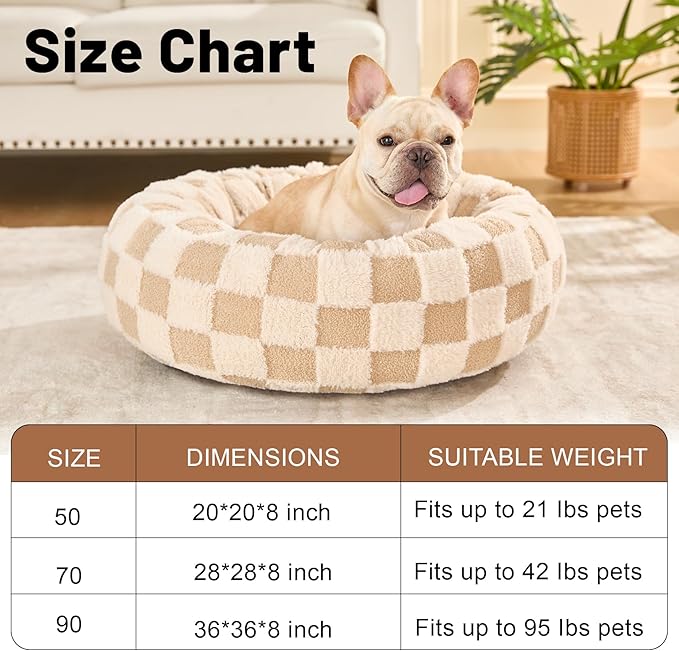 Dog Calming Beds for Small Medium Large Dogs - Round Donut Washable Puppy Dog Bed, Anti-Slip Faux Fur Fluffy Donut Cuddle Anxiety Cat Pet Bed (20" Grid)