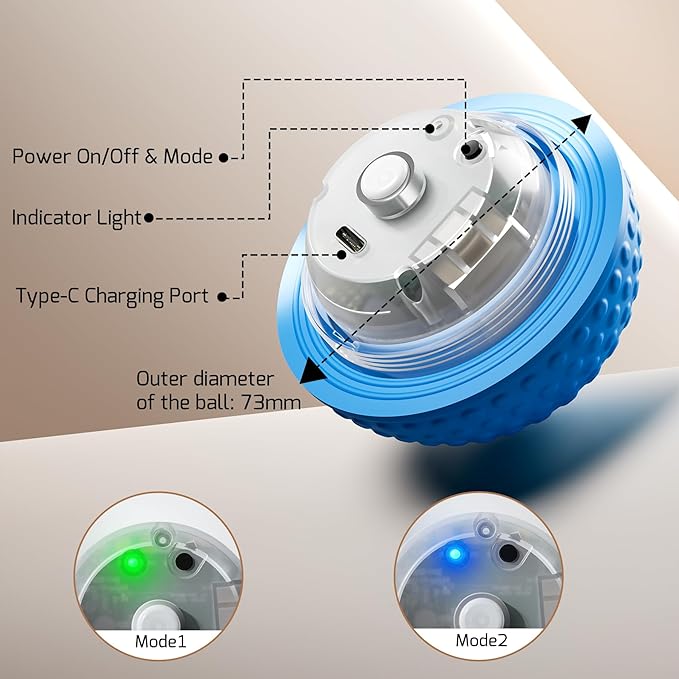 Chew Resistant Smart Interactive Dog Balls, Durable Food-Grade Rubber Material, Automatic Moving, Bouncing, Rotating Toy with Light for Medium, Large Dogs, IPX7 Waterproof (Blue)