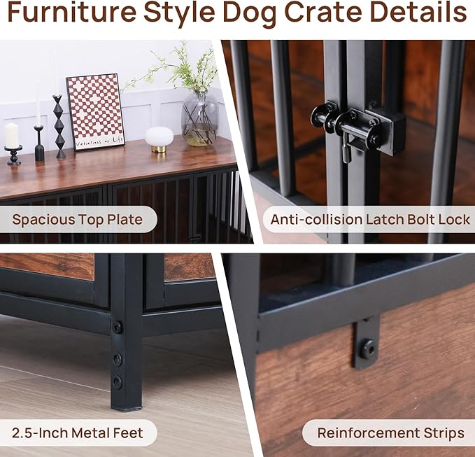 75" Wooden Dog Crate Furniture – Chew-Resistant Kennel for Medium/Large Breeds,3-Door Indoor Kennel with 3.1" Raised Feet, Multi-Functional TV Stand & End Table (Brown, 75 * 26.3 * 32.1 inch)
