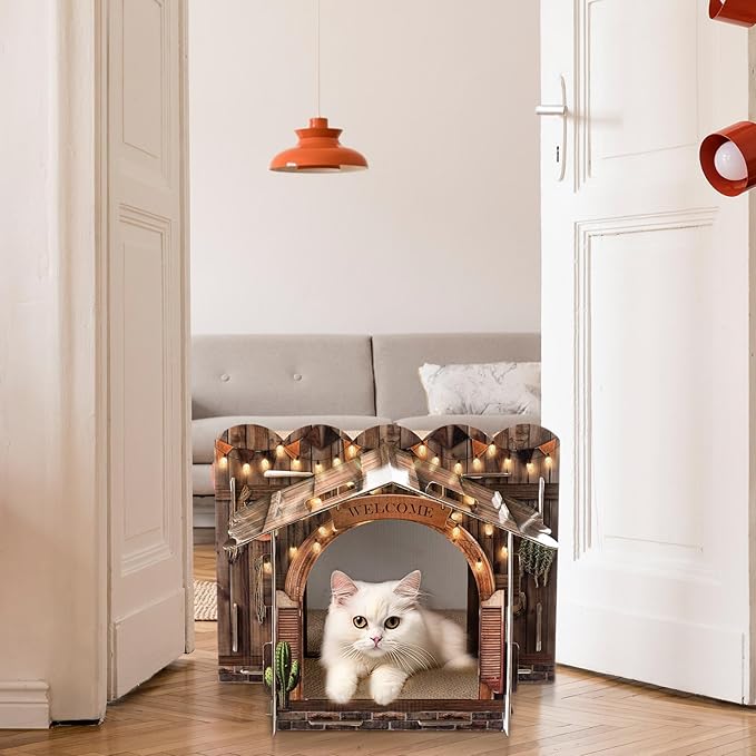 2 Story Cardboard Cat House with Scratcher Pad for Small Kitten,17x12x10 Multi Level Durable Cat Condo & Villa for Bunny Rabbit Small Animals Christmas Birthday Gift(Western)
