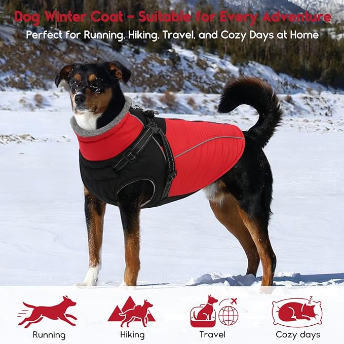 ASENKU Reflective Dog Coat with Built-in Harness, Windproof Fleece-Lined Dog Jacket for Small, Medium, Large Dogs, Warm Winter Vest with Turtleneck & Zipper (Red 3XL)