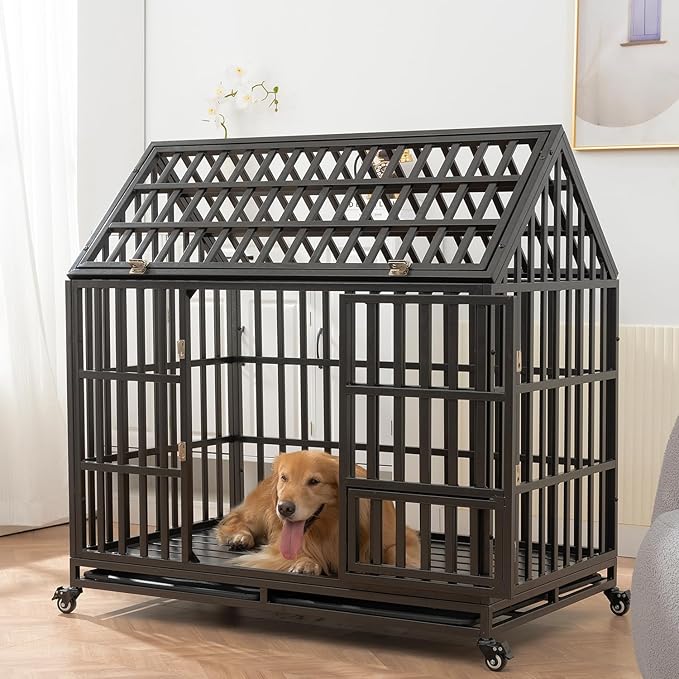 52/48/44 Inch Heavy Duty Dog Crate Indestructible and Escape-Proof Dog Cage Kennel for Large Medium Dogs Extra Large XL XXL with Lockable Wheels Removable Tray Double Door Black