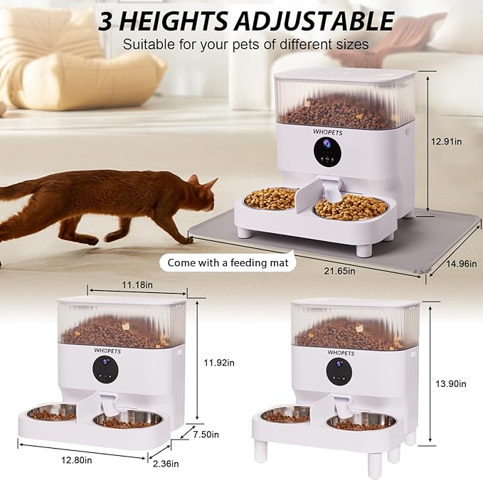 Automatic Cat Feeders, WHDPETS 5G WiFi Cat Food Dispenser with 1080P Camera for 2 Cats & Dogs, 5L Pet Feeder with Feeding Mat, APP Control, 2-Way Audio,Dual Power Supply