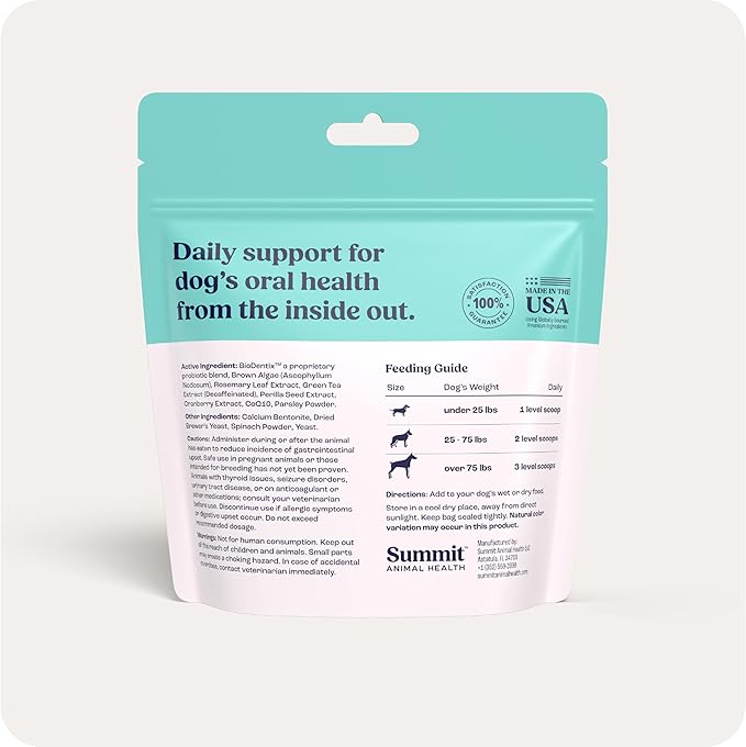 Summit Dental Care for Dogs – All‑Natural No‑Brush Dental Powder for Fresh Breath & Healthy Gums – Easy Add‑to‑Food Supplement – 60 Scoops