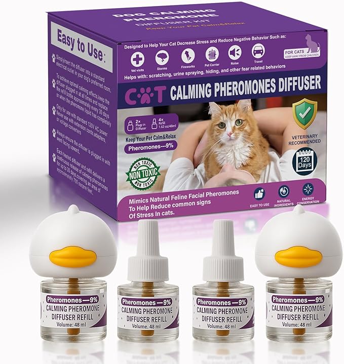 Cat Calming Diffuser, Cat Pheromones Calming Diffuser, Pheromone Dffuser to Calm Cats, Cat Calming Diffuser with 2 Diffuser + 4 Refill,120 Days for Cats Relief Stress Anxiety (Purple)