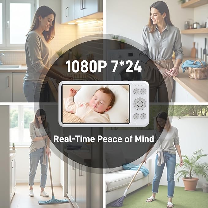 NEWQ HD Baby Monitor: No WiFi 1080P Display Clear Night Vision with Video Recording Feature, Temperature Sensor Function, 2 Way Audio Talking