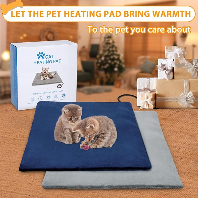 Cat Heating Pad Outdoor, Heated Cat Bed for Dogs, Indoor Warming Electric Pet Heating Pad with Chew Resistant Cord, Waterproof Heated Pet Mat with Adjustable Temperature & Time Kitten 18"*18"