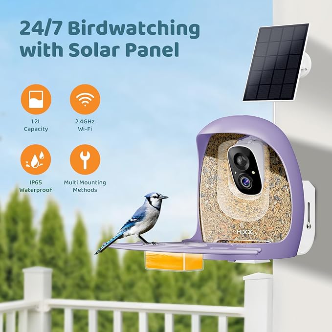 HIXX Smart Bird Feeder with Camera, AI Identify Birds & Auto Capture, 2K HD Live Camera Birdwatching with Color Night Vision for Bird Lovers Gifts (Purple)
