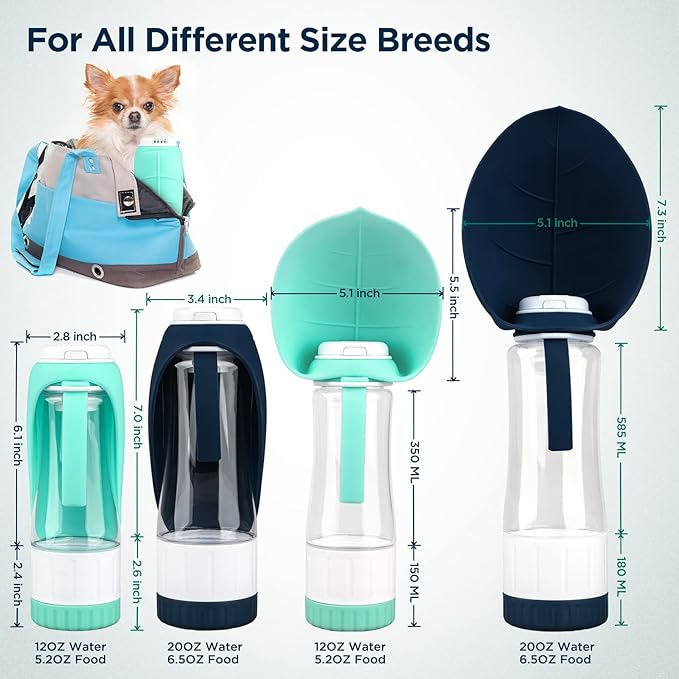 Dog Water Bottle, Portable Pet Water Bottle with Food Container and Drinking Feeder, Leak Proof, BPA-Free, Foldable Puppy Water Cup Dispenser for Outdoor Walking, Travel, Hiking 20OZ