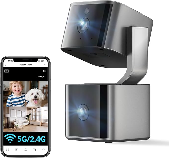 Dual Lens Security Camera Indoor 5G/2.4G WiFi, 4MP Pet Camera with Pan Tilt for Home, Baby Monitor, AI Tracking, Color Night Vision, 2-Way Talk, No Dead Zone, 355° View, Alexa/Google