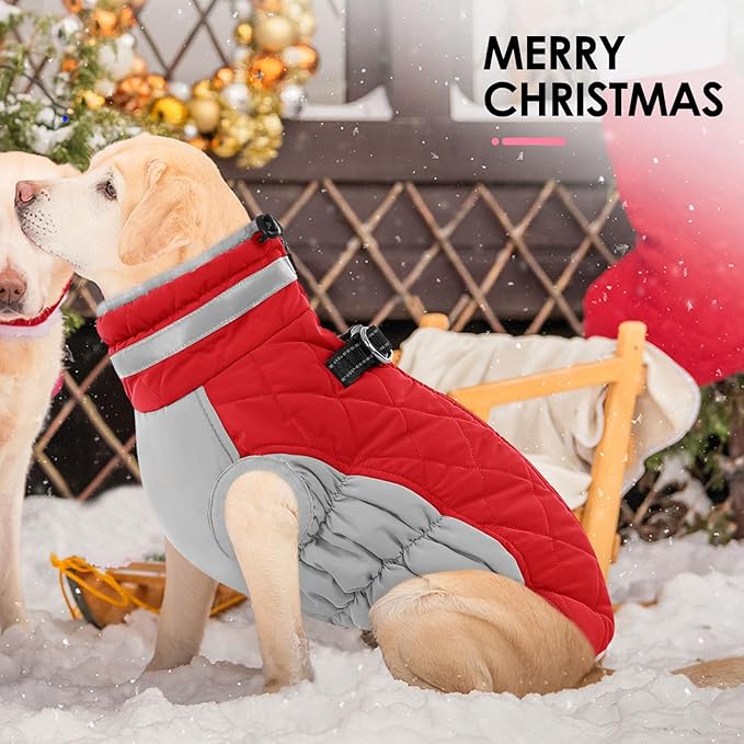 AOFITEE Dog Coat, Warm Dog Jackets for Large Dogs, Reflective Turtleneck Dogs Winter Coat with Harness Built in, Waterproof Windproof Pet Snow Jacket Fleece Vest for Cold Weather, Christmas Red XXL