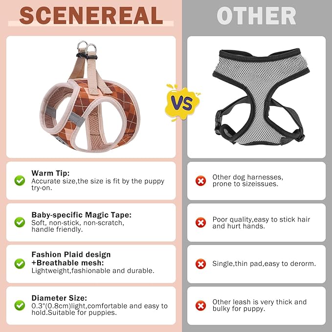 SCENEREAL Fall Thanksgiving Small Dog Harness and Leash Collar Set, Step in No Pull Plaid Puppy Harness for Small Dogs Outdoor Walking, Soft Mesh No Chock Reflective Vest Harness, Brown S