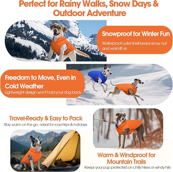 QBLEEV Reversible Dog Winter Coat, Waterproof Windproof Dog Jacket with Adjustable Fit & Leash Hole, Lightweight Warm Puffer Vest for Large Breeds, Orange, 2XL – Fits Labrador, Husky, Weimaraner