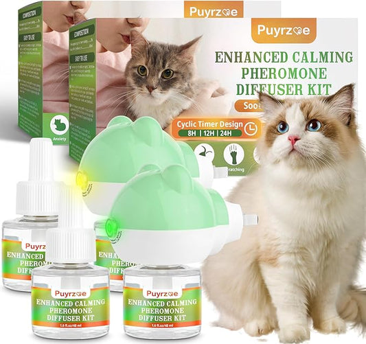 Cat Calming Diffuser with 3 Timing Functions, 6-in-1 Cat Pheromones Calming Diffuser Kit, 120-Day Anxiety Relief, Stress Reduction & Relaxation for All Cats (2 Diffusers + 4 Refills)