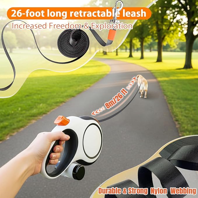 26ft Retractable Dog Leash with Poop Bag Dispenser - Upgraded Lock System, Non-Slip Grip, Tangle-Free Design for Large & Medium Dogs - Perfect for Walking, Running, and Outdoor Training (White)