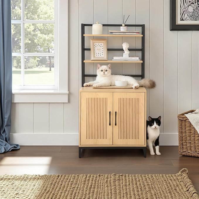 Cat Litter Box Enclosure with 2 Storage Shelves, 2-in-1 Large Hidden Wooden Pet House Furniture with Scratching Mat/Feeding Station/House Condo, Cat Cabinet with Barn Door for Entrance (Shelves)