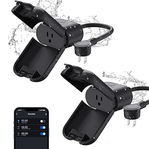 ELEGRP PQR10 Outdoor Smart Plug Waterproof IP66, WiFi Plug Compatible with Alexa & Google Assistant, Smart Outdoor Outlet for String Lights, No Hub Required, 1875W Max, UL Certified, 2 Pack, Black