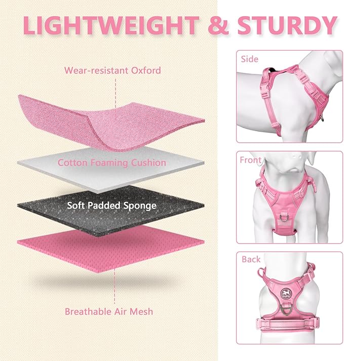 PoyPet No Pull Dog Harness, No Choke Reflective Dog Vest, Adjustable Pet Harnesses with Easy Control Padded Handle for Small Medium Large Dogs(Light Pink Matching Trim,XL)