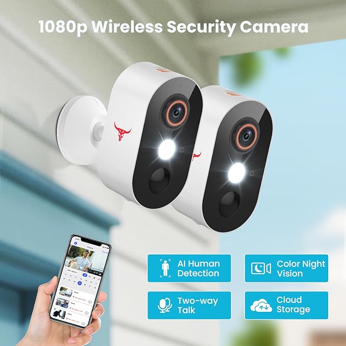 Outdoor Security Camera, Battery Powered Wireless Camera, Cloud Storage Sold Seperately, Color Night Vision, 2-Way Audio, Smart AI Motion Detection, 2.4G only (1light, 2 Pack)