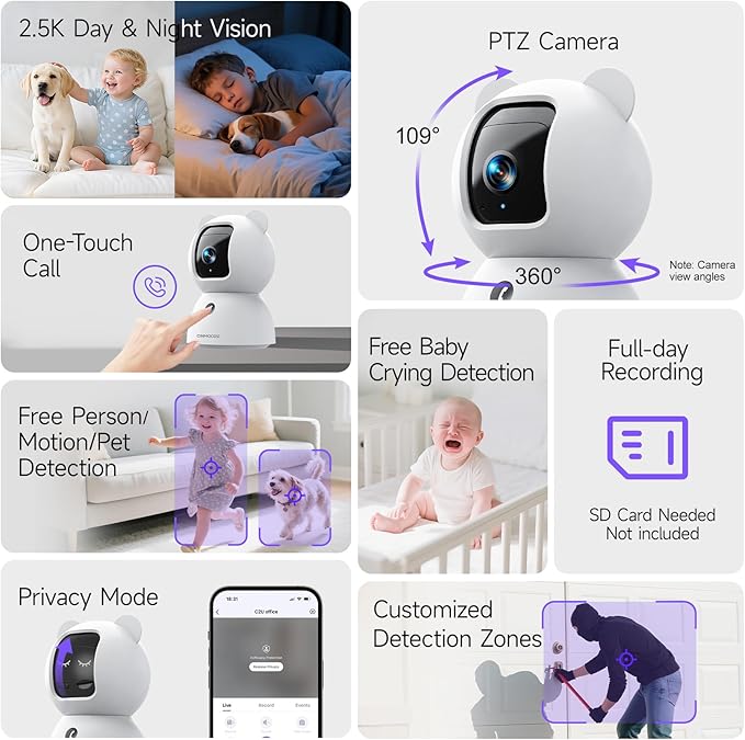 Security Camera Indoor, 2.5K Pet/Dog Camera with Speaker/Phone App, PTZ WiFi Baby Monitor Cameras for Home Security, 0-Glow Night Vision 2-Way Talk, AI Tracking Facial Recognition Time Lapse