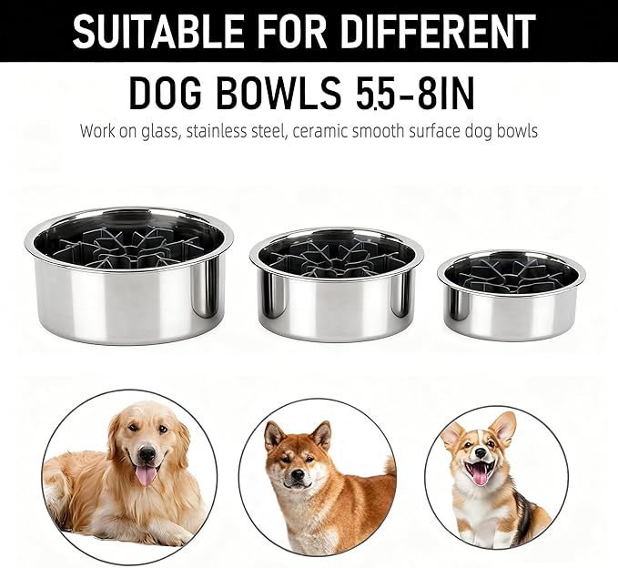 Dog Slow Feeder Insert Silicone Adjustable for 4.7-7" Stainless Steel Dogs Bowls Standard Elevated, Anti-Slip Suction Cup All Large Breed Cat Slow Feeders Health Feeding Eating Extra Slowfeeder, Black