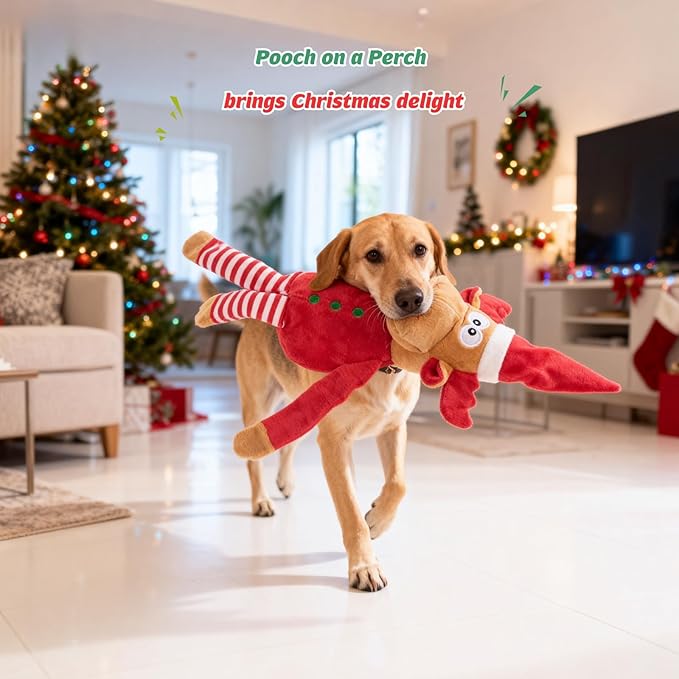 Christmas Dog Toy Reindeer Plush with Squeaker & Crinkle Paper – Holiday Squeaky Chew Toy for Small and Medium Dogs – Interactive Santa Elf Pooch on a Perch Dog Gift