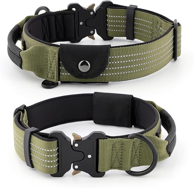 Plutus Pet Tactical Dog Collar with Tracker Packet for AirTag, Adjustable Reflective Nylon Collar, Metal Buckle, Leather-Wrapped Handle, Soft Padded for Medium Large Dogs (Ranger Green, S)