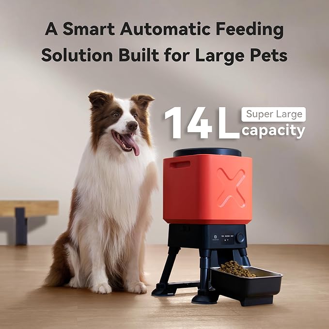 Automatic Dog Feeder for Large Dogs, 14L Capacity, Remote Feeding, Anti-Blockage System, Timed Auto Dog Food Dispenser, 2.4G WiFi App Control,Dual Power Supply,Stainless Steel Bowl
