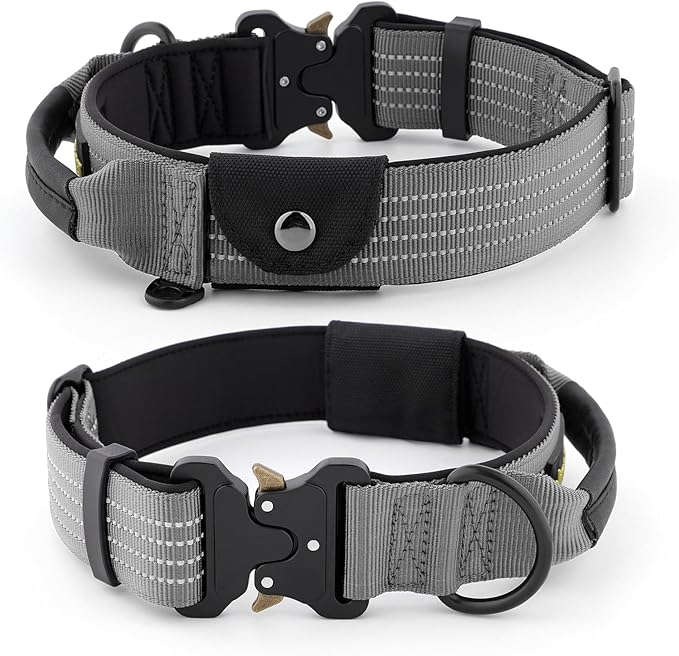 Plutus Pet Tactical Dog Collar with Tracker Packet for AirTag, Adjustable Reflective Nylon Collar, Metal Buckle, Leather-Wrapped Handle, Soft Padded for Medium Large Dogs (Gray, M)