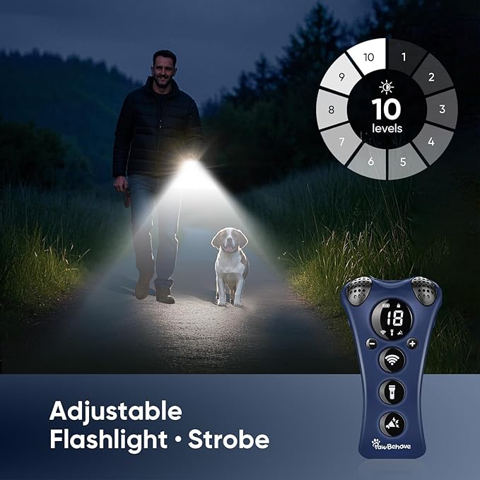Ultrasonic Dog Bark Deterrent Device β10-Level Adjustable Anti Barking Trainer with Flashlight, Strobe, E-Clicker(18 Whistle Sounds)βNo Shock, Collar-Free Dog Behavior Correction Devices