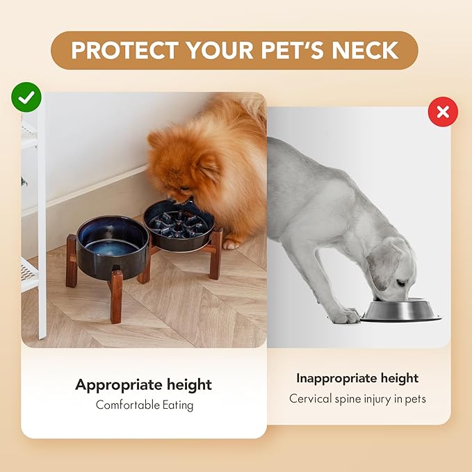 Ceramic 0.9 Cup Raised Slow Feeder Dog Food and Water Bowl Set, Elevated 6.1inch Bowl and 6.1inch Dish with Acacia Wood Stand for Small Dogs (2 x Starry Sky+ Stand)