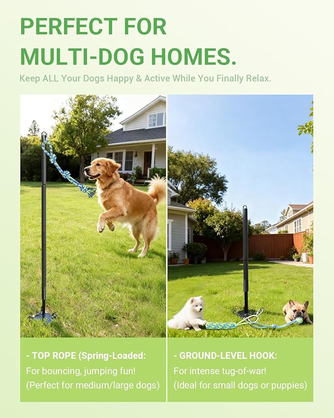 Tether Tug Outdoor Dog Toy, 31"-78" Tug of War Dog Toy with Safety Pole Cover, 3 Replaceable Ropes & Spiral Ground Anchor - 4 Durable Spring Pole Interactive Pull Toy for Large Medium Small Dogs