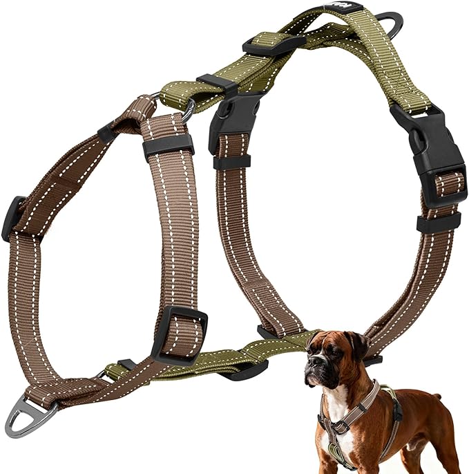 No-Pull Harness,Y-Shaped Design,Buckle-Neck Balance Harness with Reflective Stitching, Ideal for Dog Training and Night Walking, Padded Handle, Durable High-Tensile Nylon-Brown-L