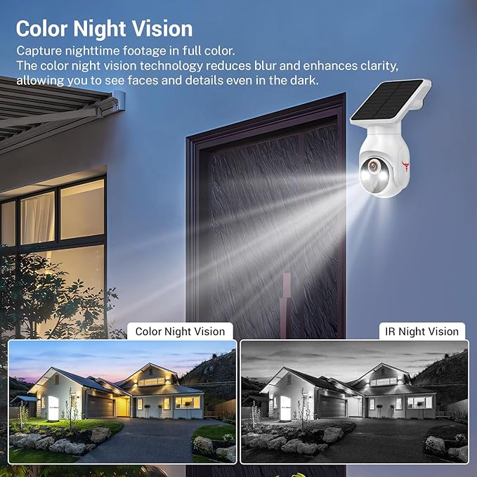 1080p Security Camera Wireless with Solar Panel, AI Human Detection, 2-Way Audio, Color Night Vision, 2.4G WiFi Only, Cloud Storage (Sold Separately), Indoor/Outdoor Surveillance Bullet Cam (WiFi)